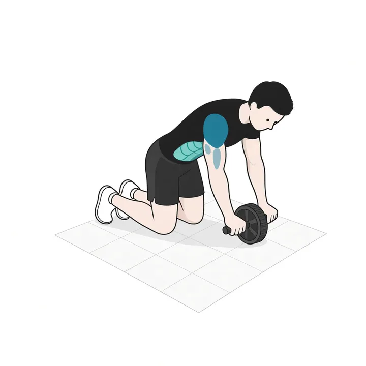 Ab wheel rollout: animatie van één herhaling, met de werkende spieren gemarkeerd