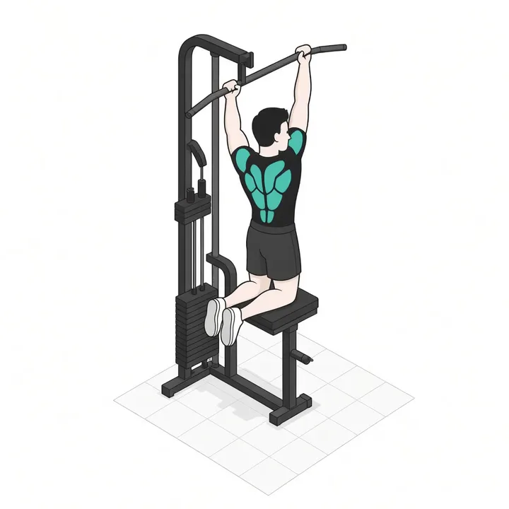 Unterstützter Chin-up: Animation einer Wiederholung, beanspruchte Muskeln hervorgehoben
