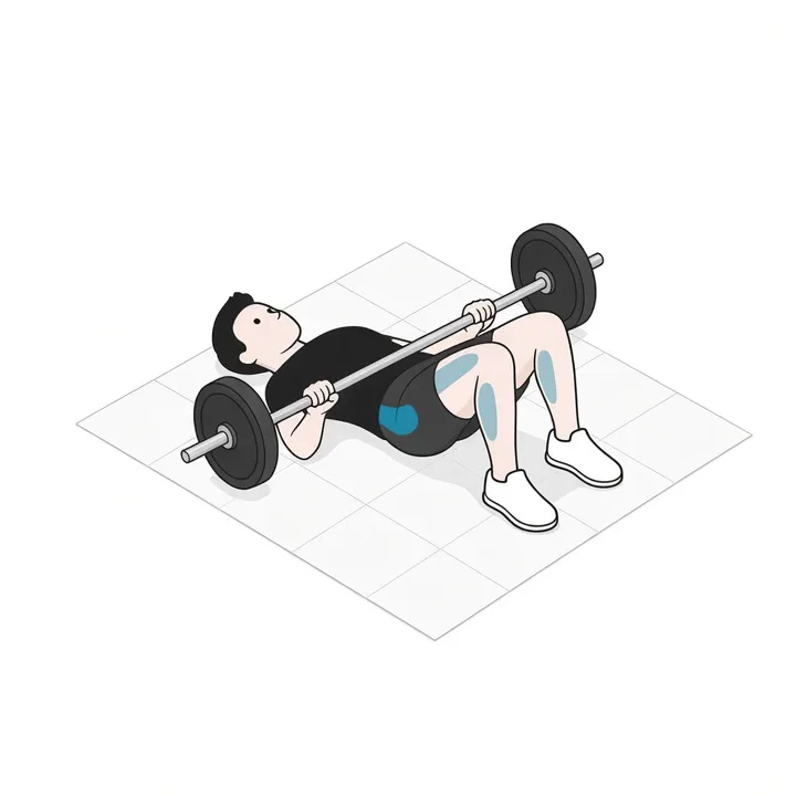 Glute Bridge mit Langhantel: Animation einer Wiederholung, beanspruchte Muskeln hervorgehoben