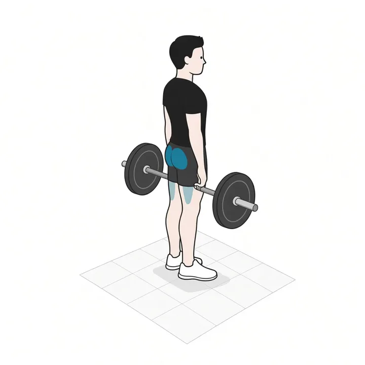 Barbell Hack Squat: animation of one repetition, working muscles highlighted