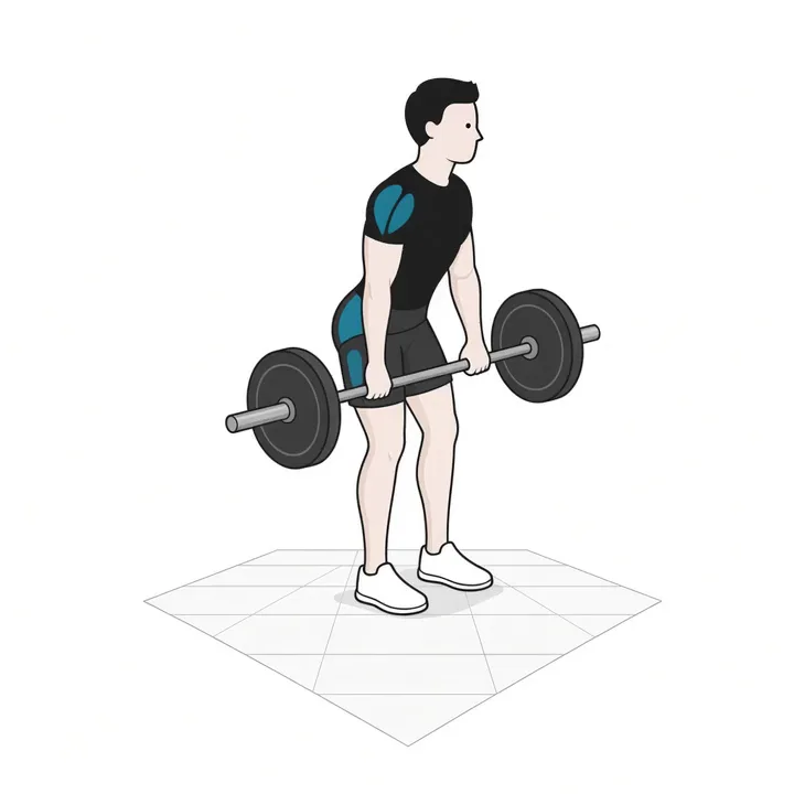 High Pull mit Langhantel: Animation einer Wiederholung, beanspruchte Muskeln hervorgehoben