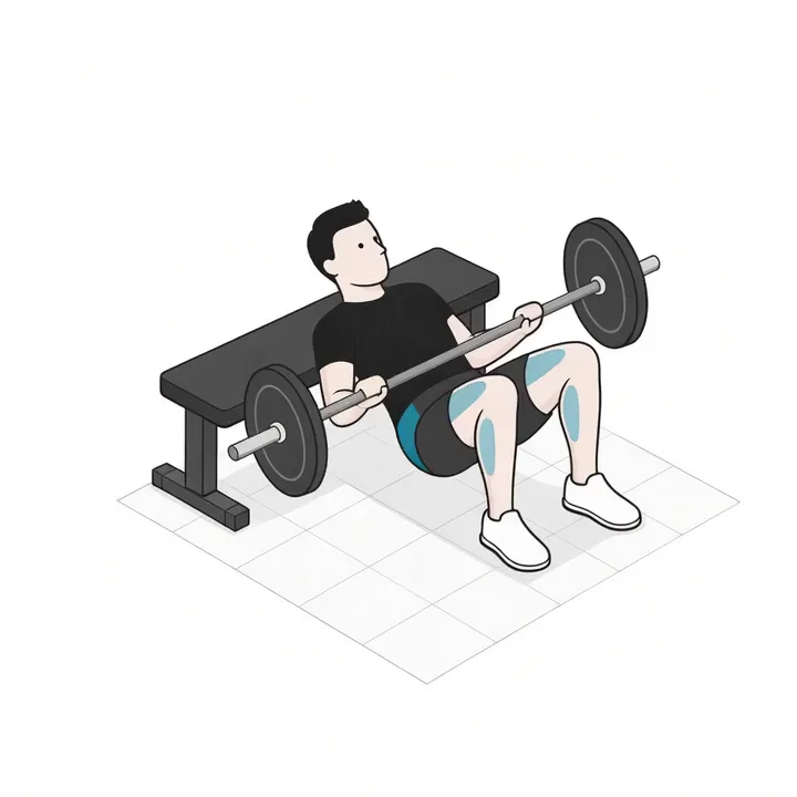 Hip thrust con barra: animación de una repetición, con los músculos implicados resaltados