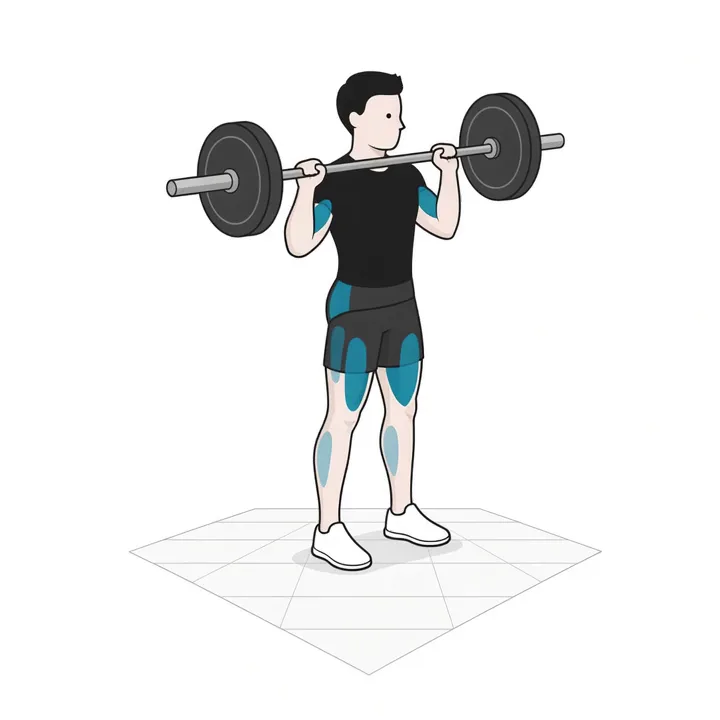 Ausstoßen im Ausfallschritt (Split Jerk): Animation einer Wiederholung, beanspruchte Muskeln hervorgehoben