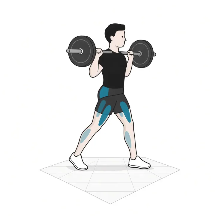 Barbell Split Squat: animation of one repetition, working muscles highlighted