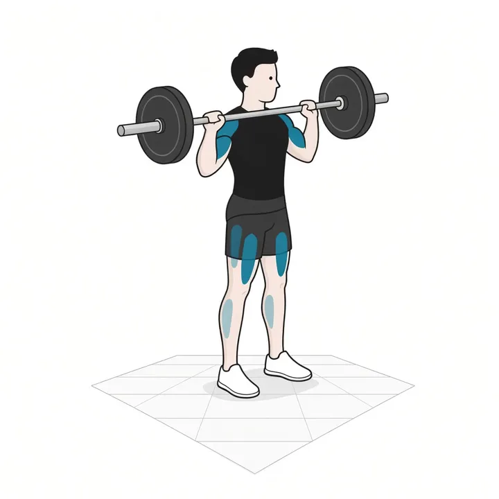 Thruster mit Langhantel: Animation einer Wiederholung, beanspruchte Muskeln hervorgehoben