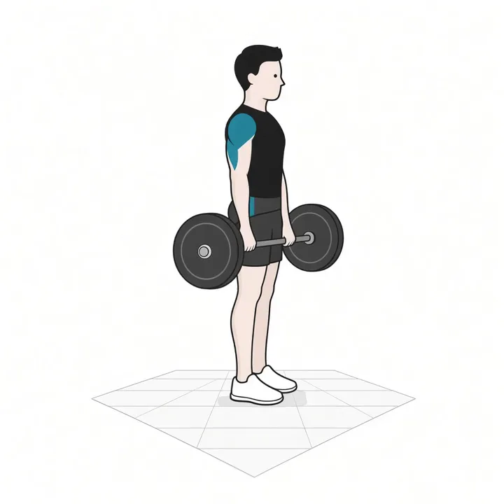 Upright row met halterstang: animatie van één herhaling, met de werkende spieren gemarkeerd