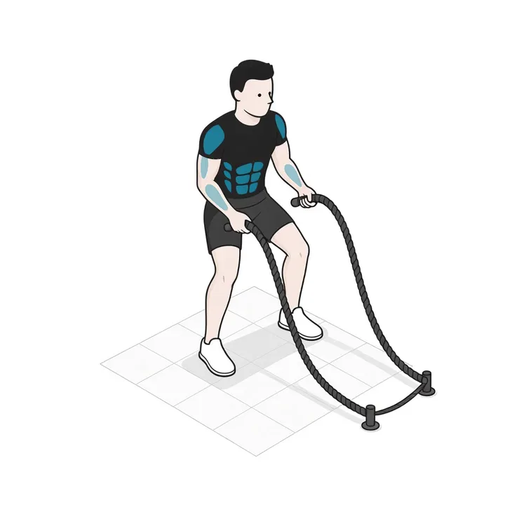 Battle Rope: Animation einer Wiederholung, beanspruchte Muskeln hervorgehoben