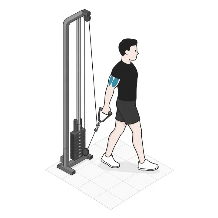 Bayesian-Curl am Kabelzug: Animation einer Wiederholung, beanspruchte Muskeln hervorgehoben