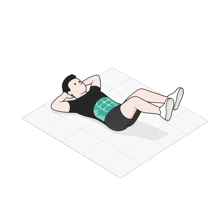 Bicycle Crunch: Animation einer Wiederholung, beanspruchte Muskeln hervorgehoben