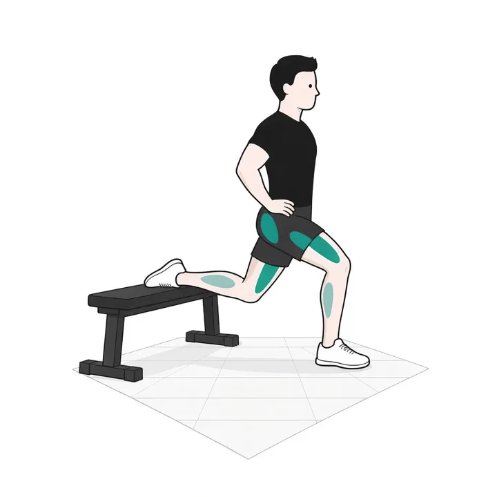 Bulgarian Split Squat ohne Gewicht: Animation einer Wiederholung, beanspruchte Muskeln hervorgehoben
