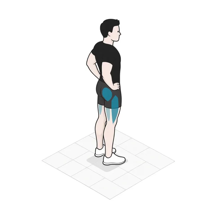 Zancada con peso corporal: animación de una repetición, con los músculos implicados resaltados