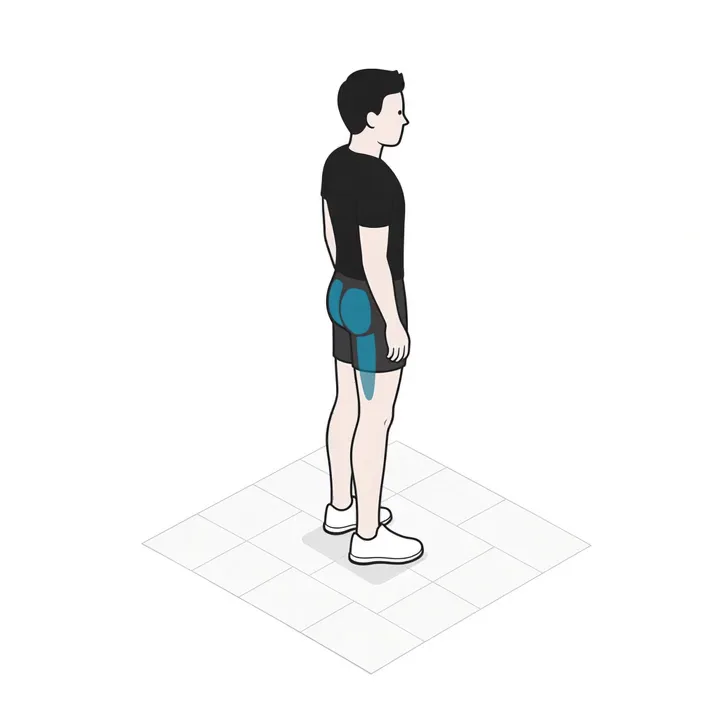 Roemeense deadlift op één been met lichaamsgewicht: animatie van één herhaling, met de werkende spieren gemarkeerd