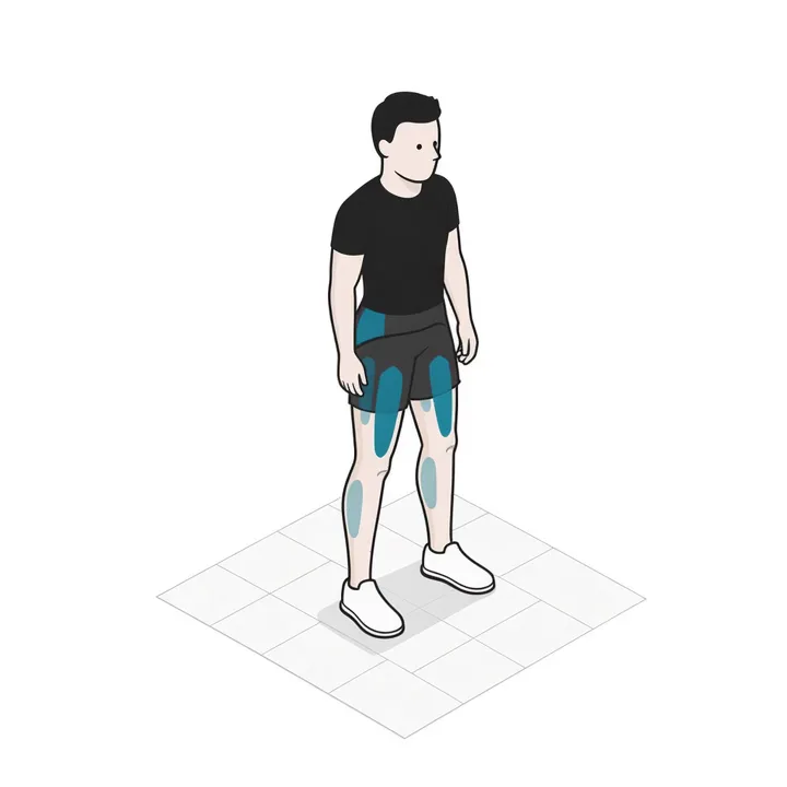 Kniebeuge ohne Gewicht: Animation einer Wiederholung, beanspruchte Muskeln hervorgehoben