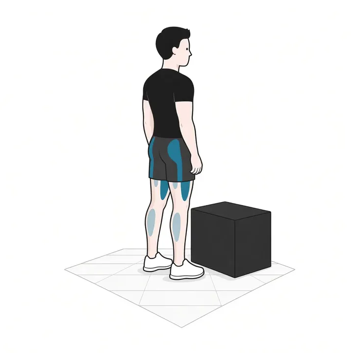 Box Jump: Animation einer Wiederholung, beanspruchte Muskeln hervorgehoben