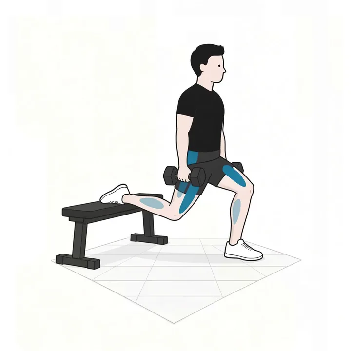 Bulgarian Split Squat: Animation einer Wiederholung, beanspruchte Muskeln hervorgehoben