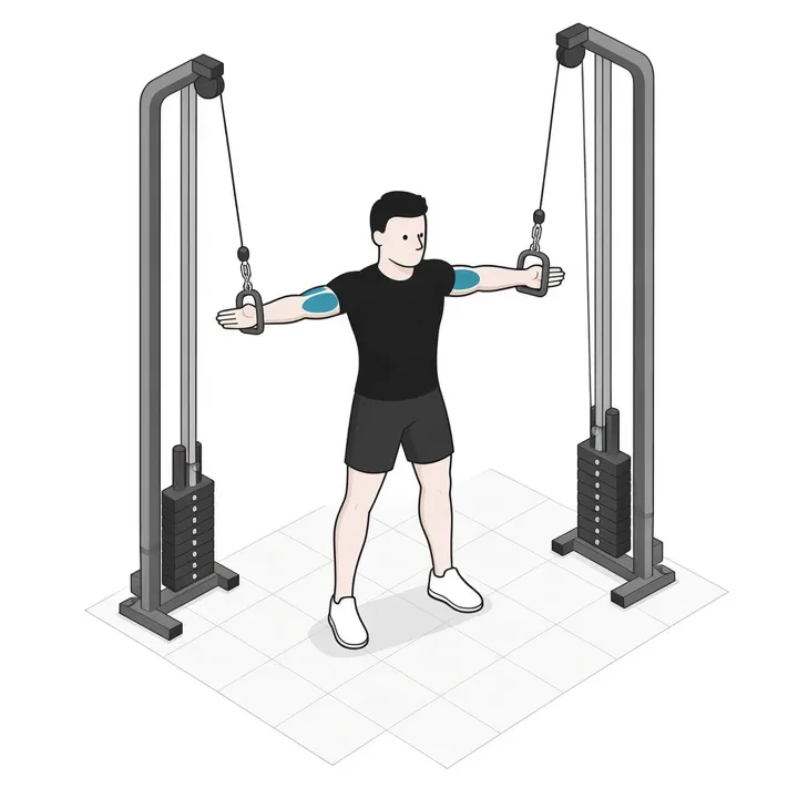 Crucifix-Curl am Kabelzug: Animation einer Wiederholung, beanspruchte Muskeln hervorgehoben