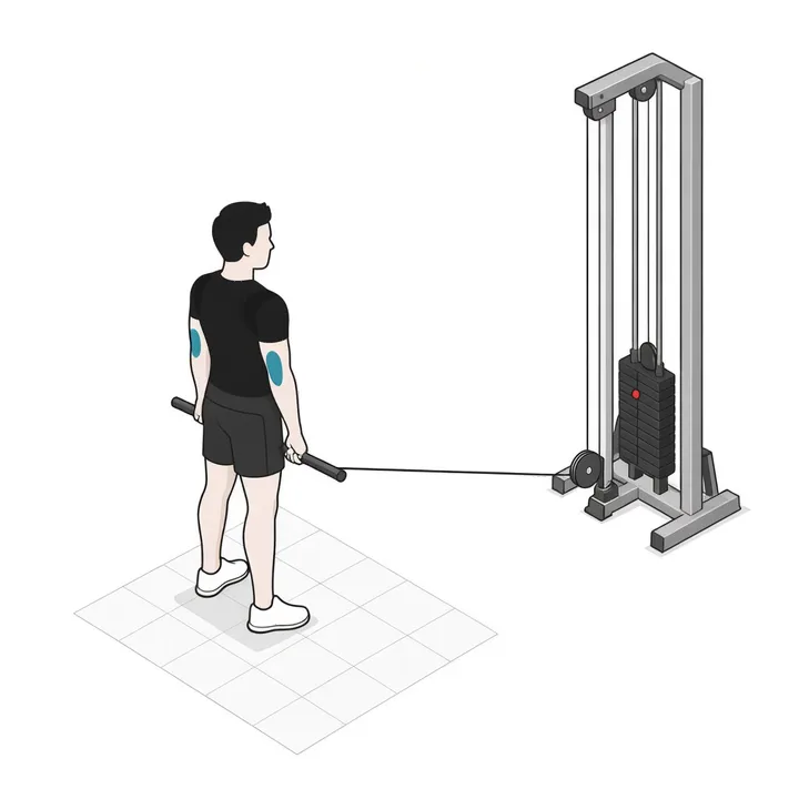 Curl de bíceps en polea: animación de una repetición, con los músculos implicados resaltados