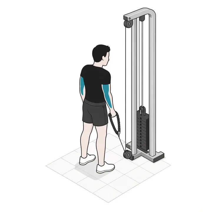 Hammer-Curl am Kabelzug: Animation einer Wiederholung, beanspruchte Muskeln hervorgehoben