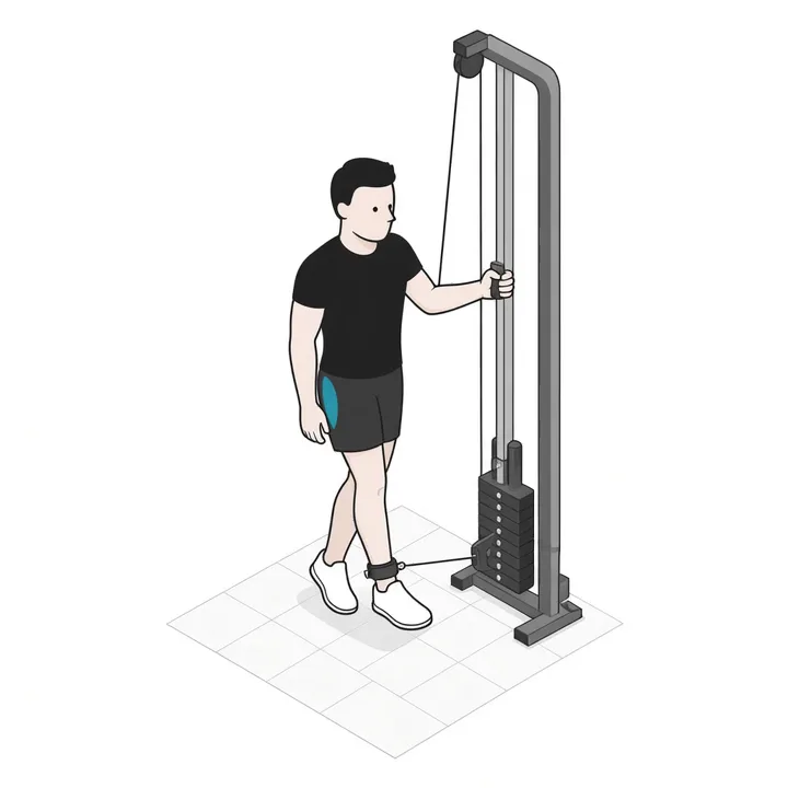 Hüftabduktion am Kabelzug: Animation einer Wiederholung, beanspruchte Muskeln hervorgehoben