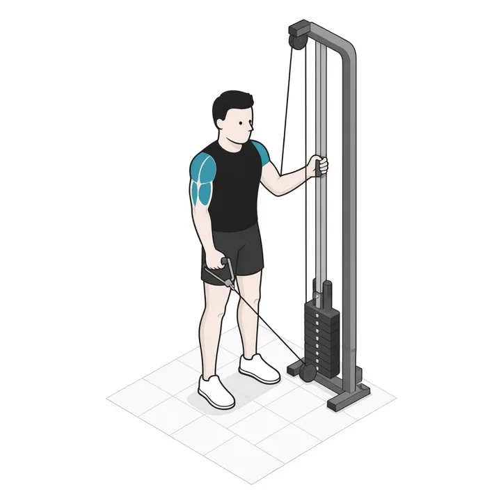 Elevación lateral en polea: animación de una repetición, con los músculos implicados resaltados