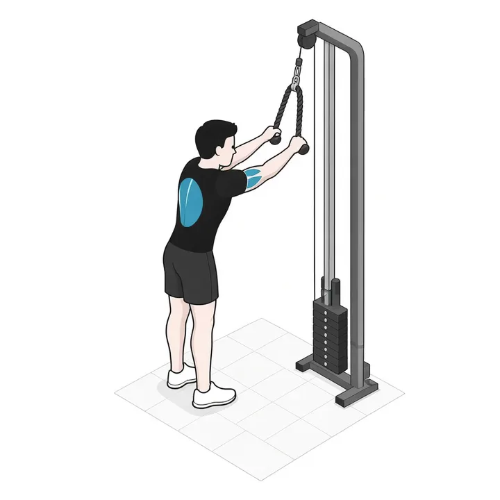 Straight-arm pulldown met touw: animatie van één herhaling, met de werkende spieren gemarkeerd