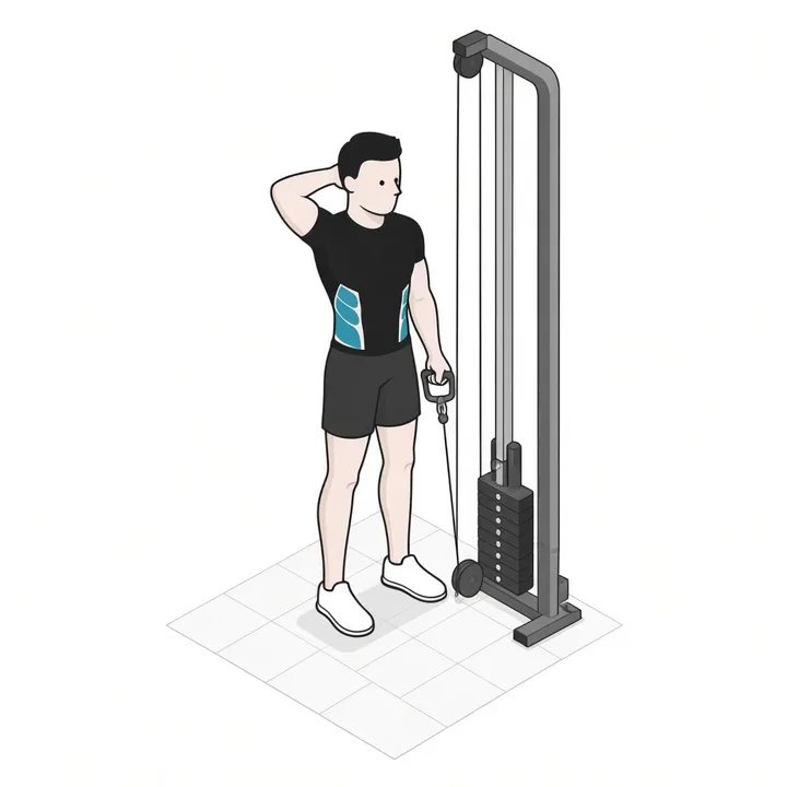 Inclinación lateral en polea: animación de una repetición, con los músculos implicados resaltados