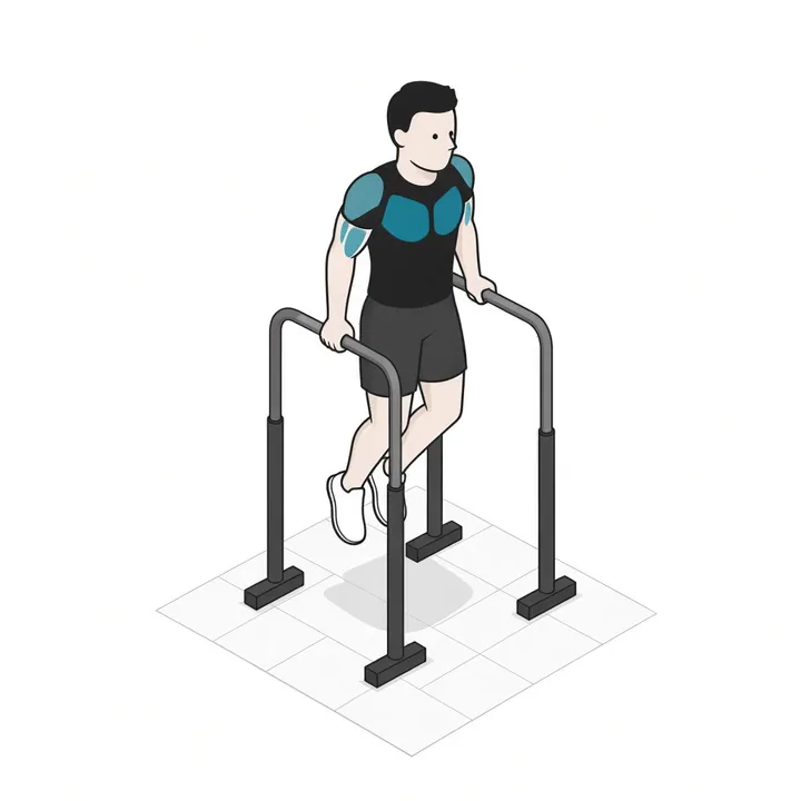Fondos de pecho: animación de una repetición, con los músculos implicados resaltados