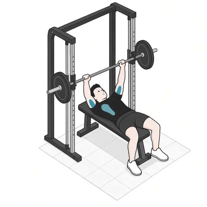 Bankdrukken met smalle greep in de Smith machine: animatie van één herhaling, met de werkende spieren gemarkeerd