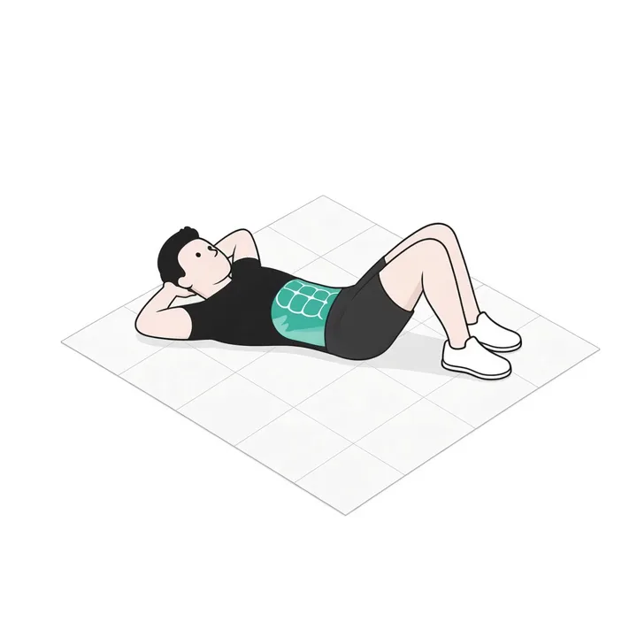 Crunch cruzado: animación de una repetición, con los músculos implicados resaltados