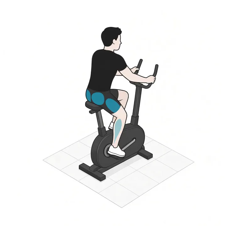 Radfahren: Animation einer Wiederholung, beanspruchte Muskeln hervorgehoben