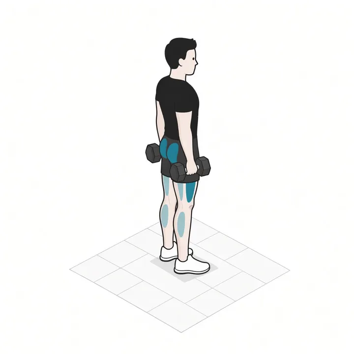 Ausfallschritt mit Kurzhanteln: Animation einer Wiederholung, beanspruchte Muskeln hervorgehoben