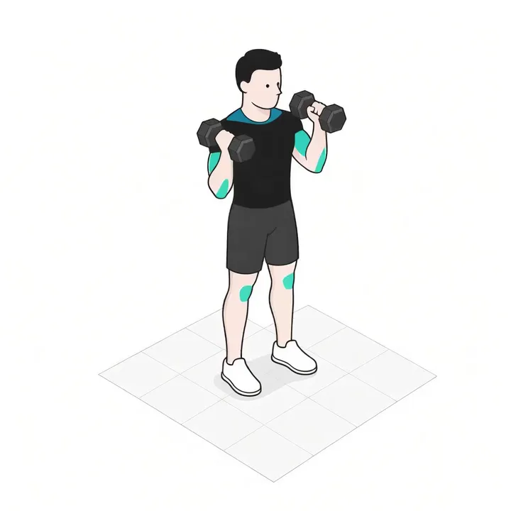 Dumbbell Push Press: animation of one repetition, working muscles highlighted