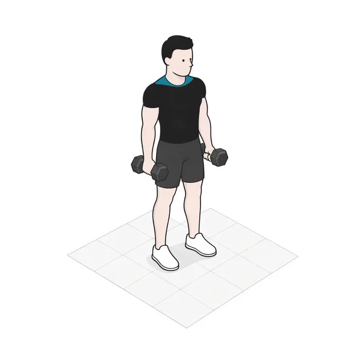 Shrugs mit Kurzhanteln: Animation einer Wiederholung, beanspruchte Muskeln hervorgehoben
