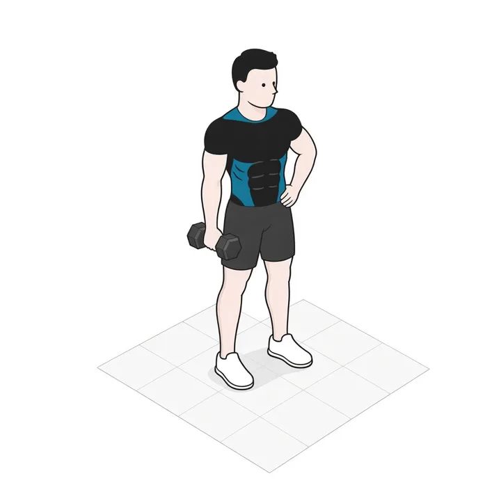 Inclinación lateral con mancuerna: animación de una repetición, con los músculos implicados resaltados