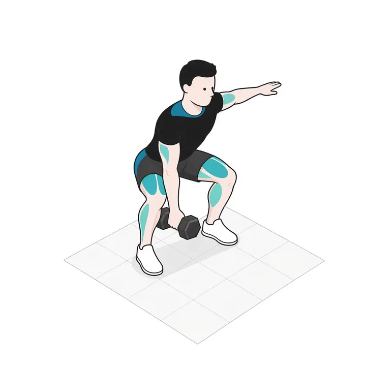 Arrancada con mancuerna: animación de una repetición, con los músculos implicados resaltados
