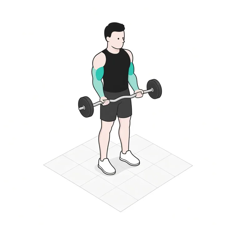 Bicepscurl met EZ-stang: animatie van één herhaling, met de werkende spieren gemarkeerd