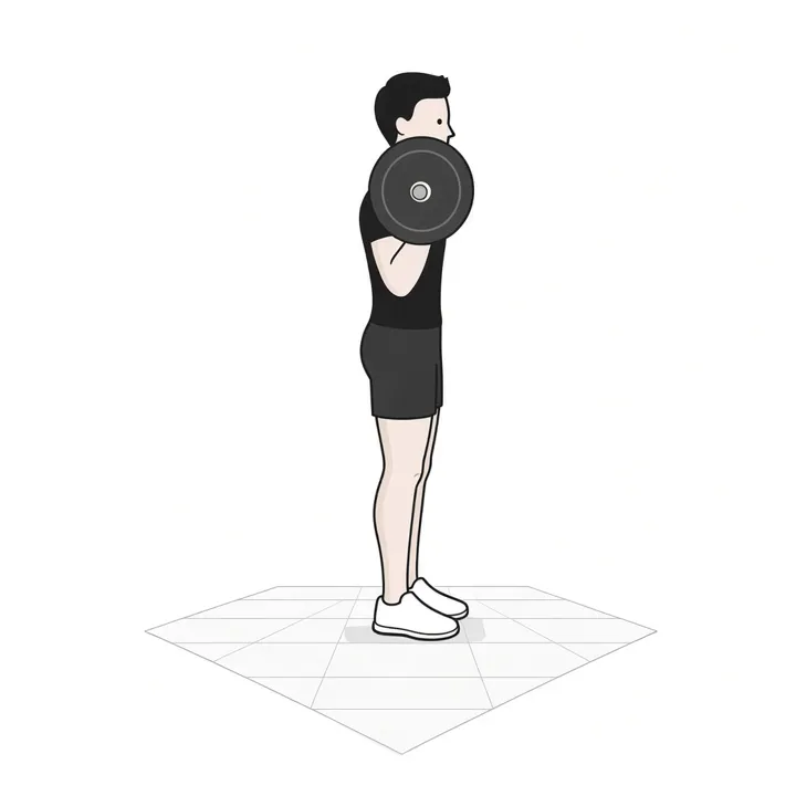 Sentadilla frontal: animación de una repetición, con los músculos implicados resaltados