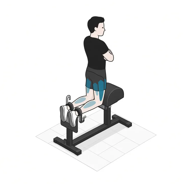 Glute-Ham Raise: Animation einer Wiederholung, beanspruchte Muskeln hervorgehoben