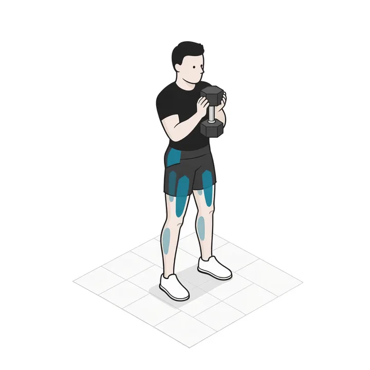 Sentadilla goblet: animación de una repetición, con los músculos implicados resaltados