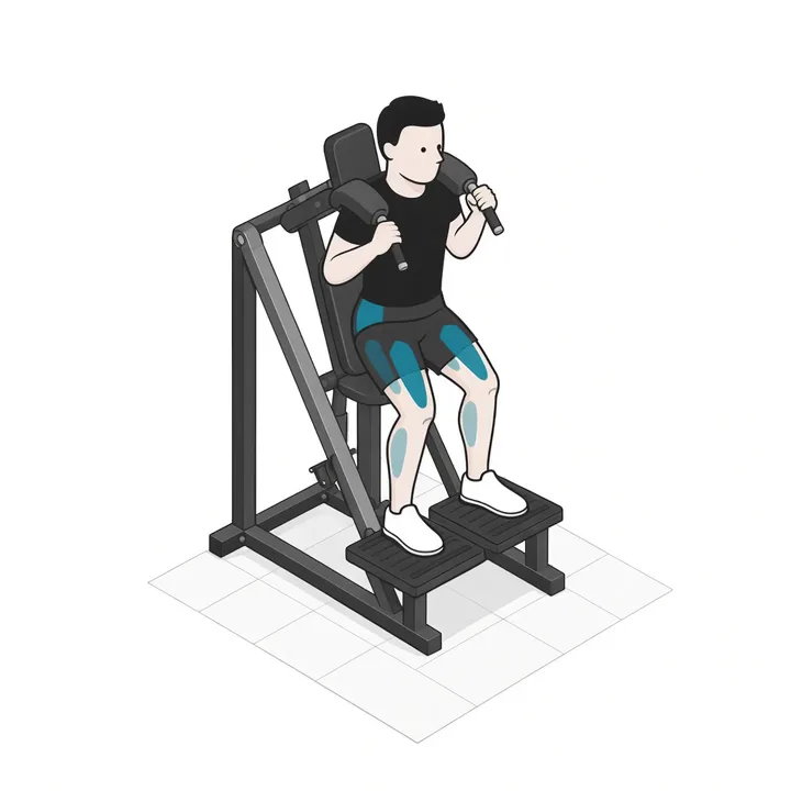 Hackenschmidt-Kniebeuge an der Maschine: Animation einer Wiederholung, beanspruchte Muskeln hervorgehoben
