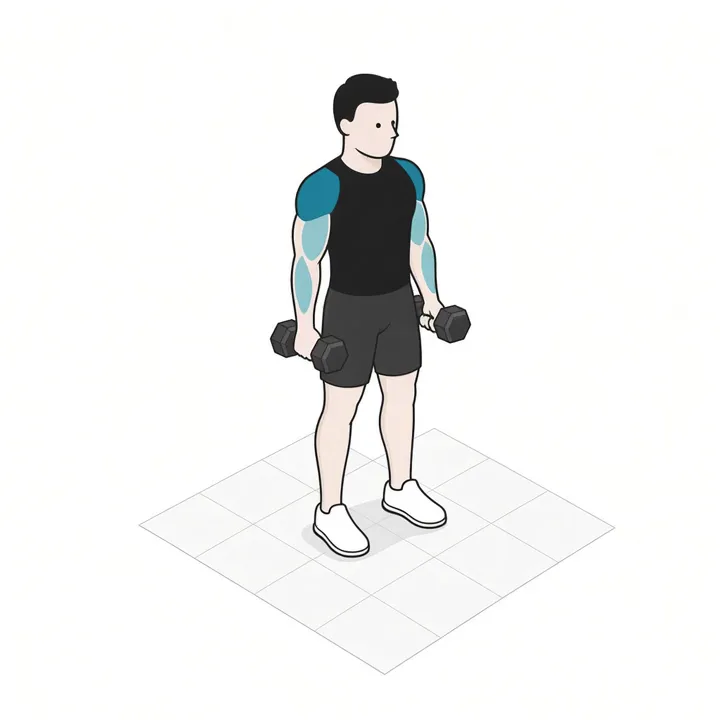 Hammer-Curl: Animation einer Wiederholung, beanspruchte Muskeln hervorgehoben