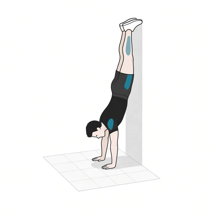 Handstand-Liegestütz: Animation einer Wiederholung, beanspruchte Muskeln hervorgehoben