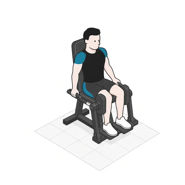 Abducción de cadera en máquina: animación de una repetición, con los músculos implicados resaltados