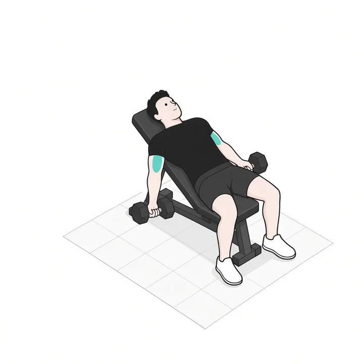 Curl inclinado con mancuernas: animación de una repetición, con los músculos implicados resaltados