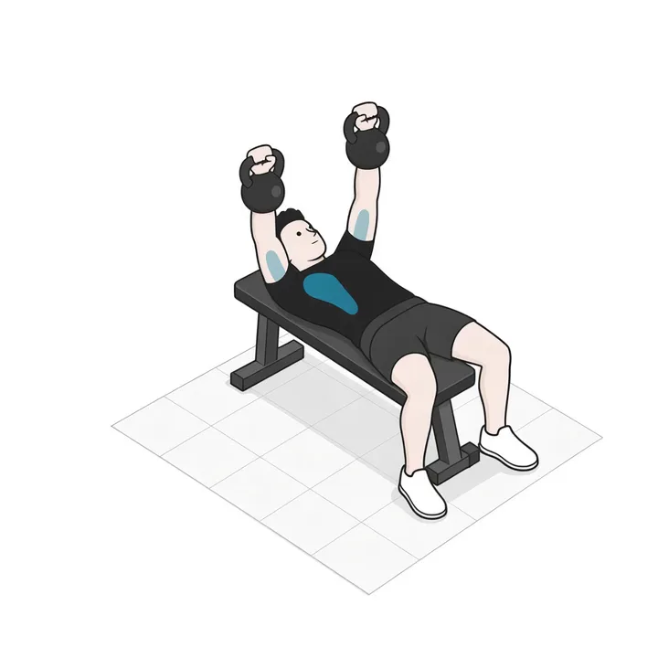 Bankdrücken mit Kettlebells: Animation einer Wiederholung, beanspruchte Muskeln hervorgehoben