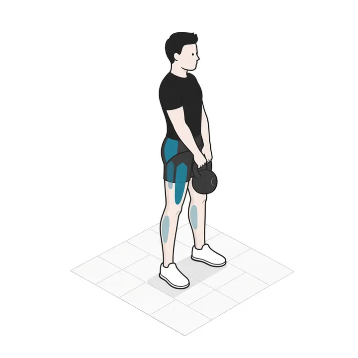 Kreuzheben mit Kettlebell: Animation einer Wiederholung, beanspruchte Muskeln hervorgehoben