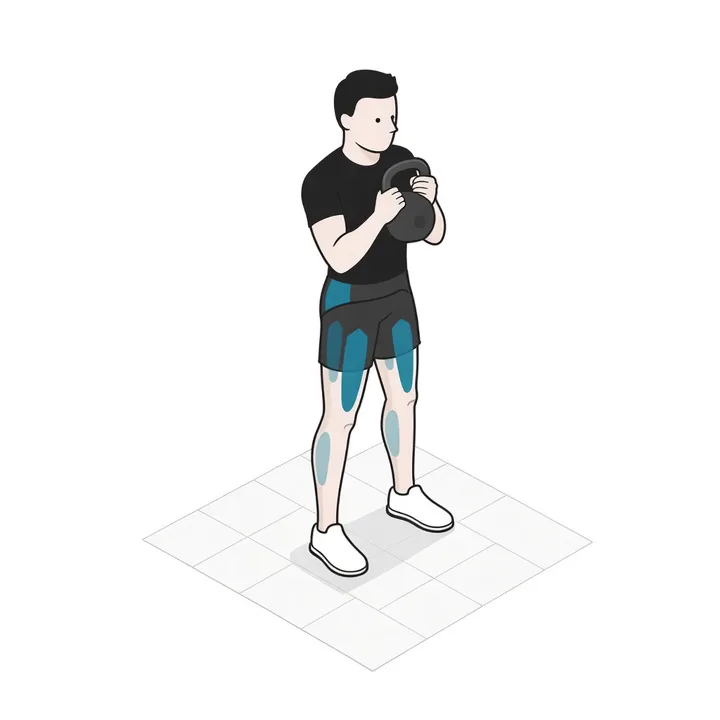 Sentadilla goblet con kettlebell: animación de una repetición, con los músculos implicados resaltados