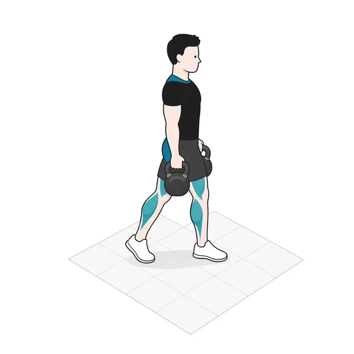 Kettlebell Split Squat: animation of one repetition, working muscles highlighted