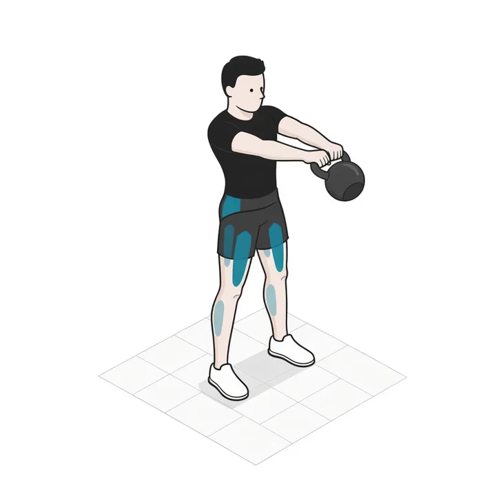 Kettlebell Swing: Animation einer Wiederholung, beanspruchte Muskeln hervorgehoben