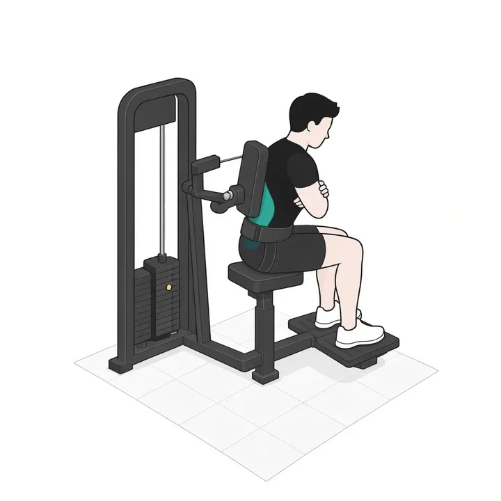 Extensión lumbar en máquina: animación de una repetición, con los músculos implicados resaltados